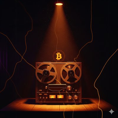 The Satoshi Tapes podcast cover art — a vintage reel-to-reel tape recorder under amber spotlight with Bitcoin symbol